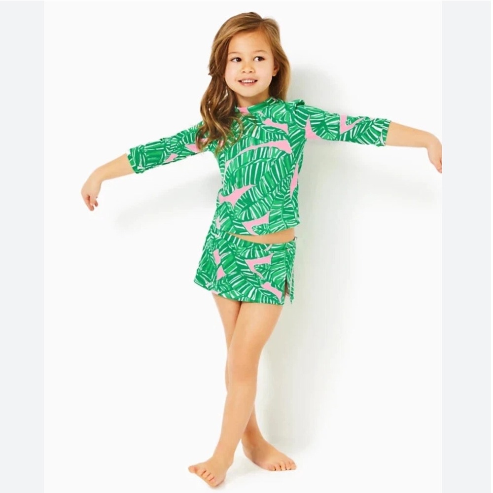 Lilly Pulitzer Swimsuit Set Green Pink Tropical Palm Rash Guard Skirt Size 5